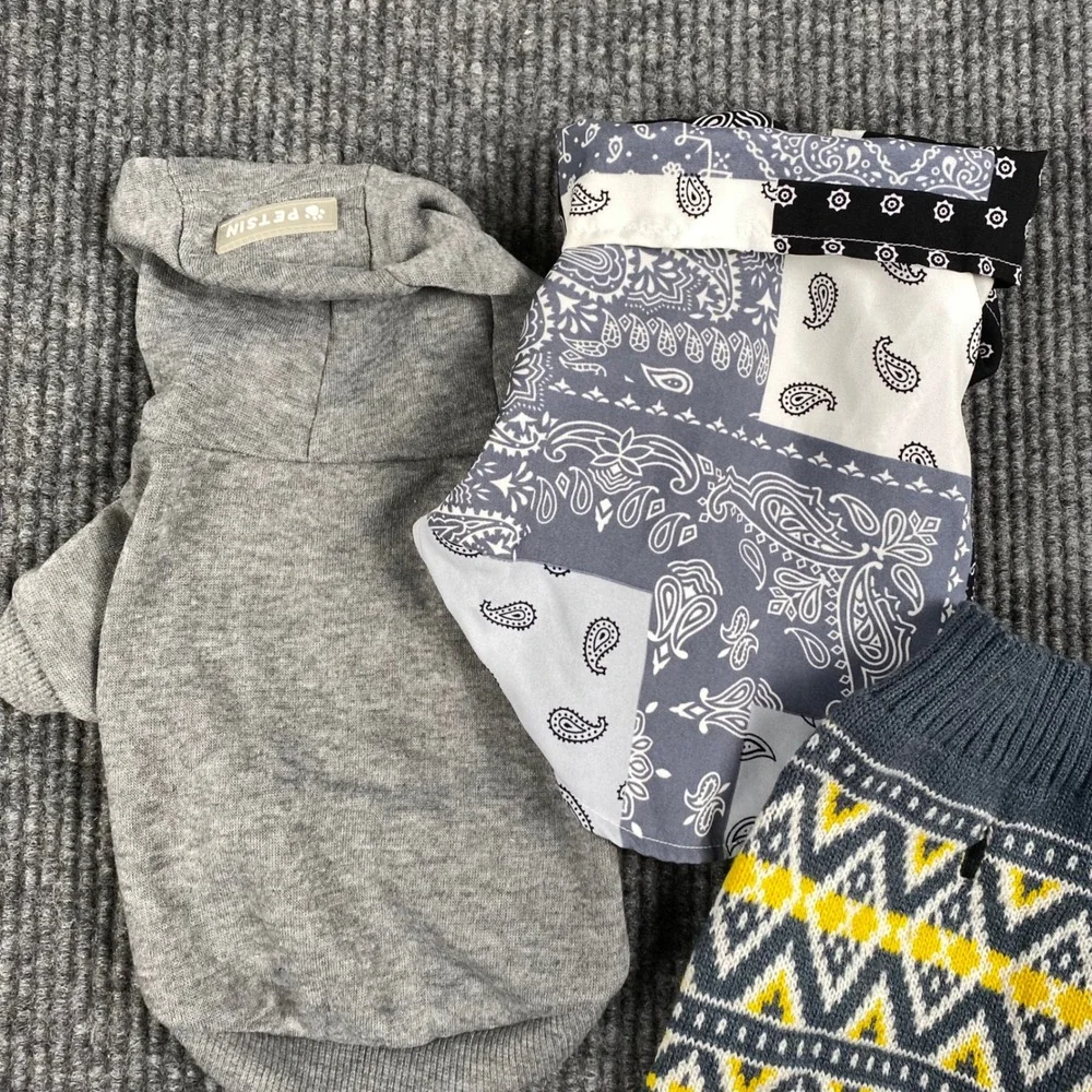 Petsin Small Pet Apparel Bundle Gray Hoodie Bandana Shirt Fair Isle Sweater 3pc